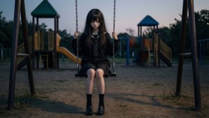 Akşam karanlığında salıncakta üzgün bir anime kızı. — Üzgün anime GIF Duvar Kağıdı