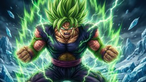 Broly'nun Efsanevi Süper Saiyan formunda, buz ve yıkım arasında güç saçan dramatik bir betimlemesi. — Dragon ball super broly Duvar Kağıdı