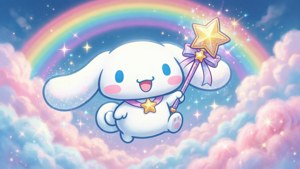 Cinnamoroll'un gökkuşağı bulutlarında uçtuğu, büyü dolu rüya gibi bir kawaii duvar kağıdı.