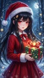 Karda bir ormanda, Noel Baba kostümü giymiş anime kızı elinde parlayan bir hediye tutuyor