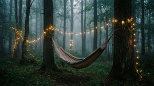 Peri ışıkları ve hamakla huzurlu bir orman. — Indie estetiği GIF Duvar Kağıdı
