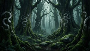 Doğada gizlenmiş Slytherin öğeleriyle mistik bir orman.
