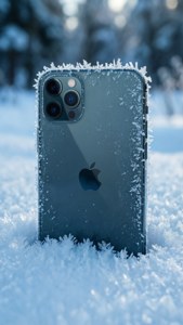 Kar altında kalmış, buz detayları ve kış arka planına sahip iPhone 11 Pro Max.