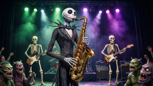 Jack Skellington, canavar bir izleyici kitlesi için saksafon solosu sergiliyor. — Noel öncesi kabus GIF Duvar Kağıdı