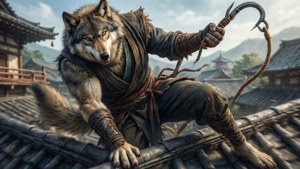 Wolf, kancasıyla Ashina çatılarında süzülüyor; dinamik bir aksiyon sahnesi. — 1366x768 Duvar Kağıdı