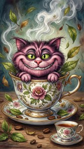 Bir çay fincanından bakan, masalsı suluboya Cheshire Kedisi.
