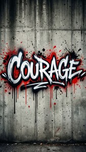 Beton üzerinde kırmızı ve siyah sıçramalarla cesur graffiti 'Cesaret', kentsel grunge. — Estetik kelimeler GIF Duvar Kağıdı