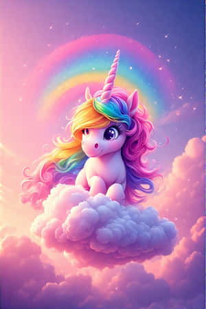 chibi unicorn,tek boynuzlu at duvar kağıdı,gökkuşağı yelesi,kabarık bulut,parlak pembe gökyüzü,dijital sanat,masalsı,rüya gibi,sevimli — Kawaii Duvar Kağıdı