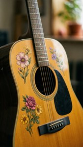 Akustik gitarın çiçek desenli yakın çekimi.