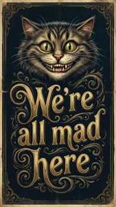 Cheshire Kedisi ve 'Hepimiz burada çılgınız' alıntısını içeren tipografik duvar kağıdı. — Cheshire Kedisi Duvar Kağıdı