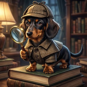 Zeki bir anime dachshund'u dedektif olarak rahat bir kütüphanede araştırma yapıyor. — Galaxy Watch Duvar Kağıdı