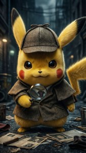 Pikachu'nun bir kara film atmosferinde bir vakayı araştıran bir dedektif olarak görünümü. — Pikachu Duvar Kağıdı