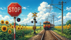Ayçiçeği tarlalarıyla çevrili bir anime demiryolu geçidi.