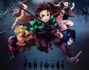 Tanjiro, Nezuko ve Hashiraların bulunduğu Demon Slayer duvar kağıdı.