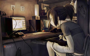 Dizüstü Bilgisayarının Başında Kafası Karışmış Anime Kızı — Anime laptop Duvar Kağıdı