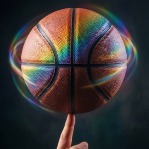 Parmak ucunda dönen ve gökkuşağı yansıması olan bir basketbol topu. — Basketbol GIF Duvar Kağıdı