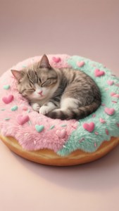 Pusheen'in donut şeklindeki bir yatakta uyuması, kedi severler için süper sevimli bir kawaii duvar kağıdı. — iPhone 7 Plus Duvar Kağıdı
