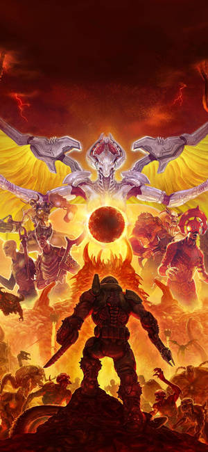 Doom Slayer'ın Khan Maykr ve yardakçılarıyla yüzleştiği bir Doom Eternal sanat eserinin duvar kağıdı.