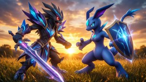 Zacian ve Zamazenta arasında gün batımındaki bir alanda geçen epik karşılaşma — Pokemon kılıç ve kalkan Duvar Kağıdı