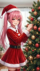 Elf kostümlü anime kızı Noel ağacını süslüyor
