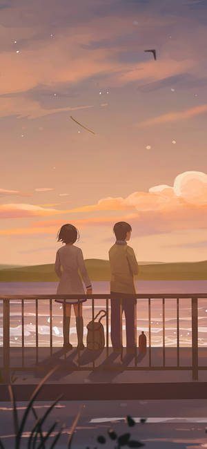 Erkek Arkadaş ve Kız Arkadaş Göle Bakıyor Sanat — Anime manzara GIF Duvar Kağıdı