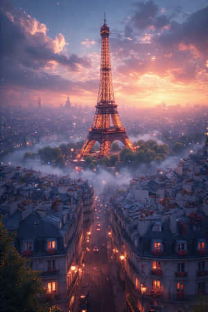 Fransa,Paris,Eyfel Kulesi,gün doğumu,çatılar,pencere kutuları,sokak lambaları,romantik,sis,şehir,seyahat,4K — Gün Doğumu Duvar Kağıdı