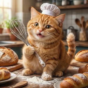 Güneşli bir mutfakta sevimli bir fırıncı kedi — Animasyon kedi Duvar Kağıdı