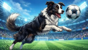 Enerjik bir anime Border Collie, stadyumda futbol oynuyor. — ROG Ally Duvar Kağıdı