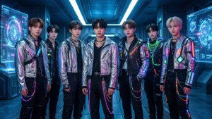Siberpunk esintili bir Kpop erkek grubu, fütüristik bir ortamda. — Kpop GIF Duvar Kağıdı