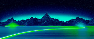 Neon mavi ve yeşil manzaranın synthwave sanatı duvar kağıdı. — 3440x1440 Duvar Kağıdı