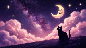 Kaprisli estetik galaksi gece gökyüzü, gülümseyen ay ve kedi silueti — Sevimli estetik GIF Duvar Kağıdı
