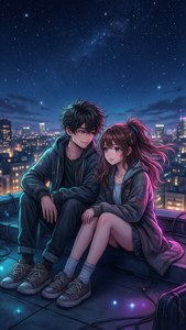 Gece çatıda anime çifti — Anime çifti Duvar Kağıdı
