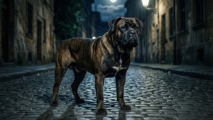Mehtaplı bir arnavut kaldırımlı sokakta tetikte bir Cane Corso — ROG Ally Duvar Kağıdı