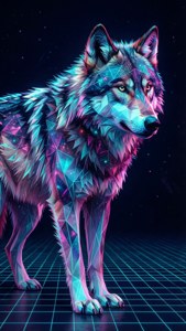 Düşük poli galaksi kurdu, neon geometrik desenlerle synthwave ızgarasında duruyor. — iPhone 6 Duvar Kağıdı