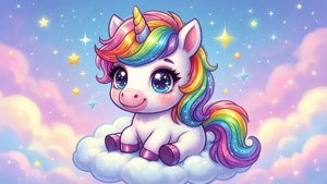 Pembe bir bulutun üzerinde oturan büyülü ve sevimli tek boynuzlu at. — Kawaii Duvar Kağıdı