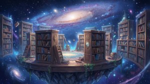 Uzayda süzülen bir kütüphanenin tuhaf anime sahnesi — Anime manzara GIF Duvar Kağıdı