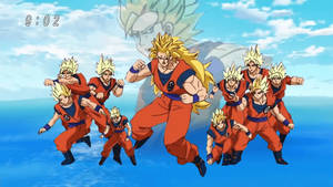 Dragon Ball Z San Goku süper broly, bir arada birden fazla süper saiyan, sarı dikenli saçlı anime karakteri.