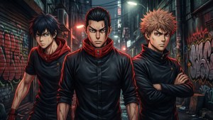 Mikey, Draken ve Takemichi'nin Tokyo Revengers'dan karanlık bir sokakta yer aldığı dramatik bir grup duvar kağıdı. — Tokyo revengers Duvar Kağıdı