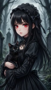 Mezarlıkta siyah kediyle birlikte sevimli gotik anime kızı. — Sevimli anime profil fotoğrafı Duvar Kağıdı