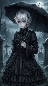 Sisli bir mezarlıkta anime gotik lolita çocuk. — Anime estetiği GIF Duvar Kağıdı