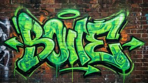 Tuğla duvara sıkılmış neon yeşili graffiti harfleri, kentsel sokak sanatı estetiği. — Neon yeşil Duvar Kağıdı