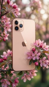 Gül altını iPhone 11 Pro Max, bahar ışığında pembe çiçeklerin arasında.