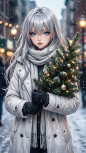 Gümüş saçlı anime kızı şehirde Noel ağacı tutuyor