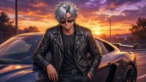 Gün batımında spor araba ile poz veren şık bir anime çocuğu.