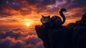 Renkli bir gün batımına karşı Cheshire Kedisi silüeti. — Cheshire Kedisi Duvar Kağıdı