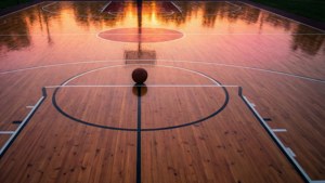 Gün batımı renklerine bürünmüş bir basketbol sahasının büyüleyici panoramik manzarası. — Basketbol GIF Duvar Kağıdı
