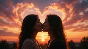 Gün batımında kalp şeklinde bulutlar eşliğinde romantik LGBTQ+ çift siluet öpücüğü.