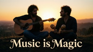 Vivo ve Andrés'in gün doğumunda müzik yaparken siluetleri ve metin. — Vivo Duvar Kağıdı