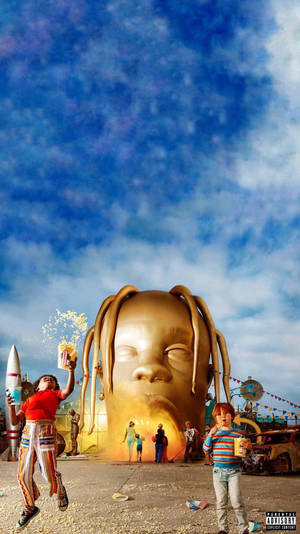 Travis Scott'ın heykel başı ve eğlence parkı ile harika HD Astroworld duvar kağıdı.