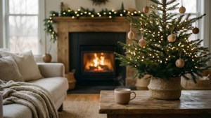 Şömine ve minimalist ağaçla sıcak ve estetik bir Noel oturma odası. — Estetik noel Duvar Kağıdı